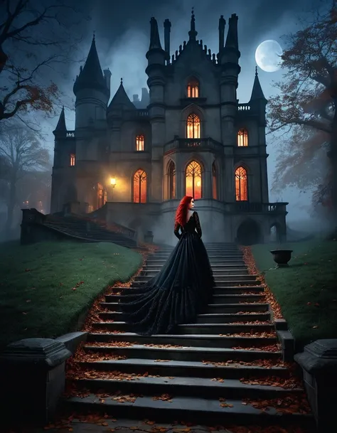 ultra hd photorealistic photo of A grand gothic manor: heavy mist shrouding the landscape, illuminated by faint moonlight. A mysterious woman stands atop wide stone stairs, wearing an elegant, flowing black lace gown. Her fiery red hair gleams softly under...