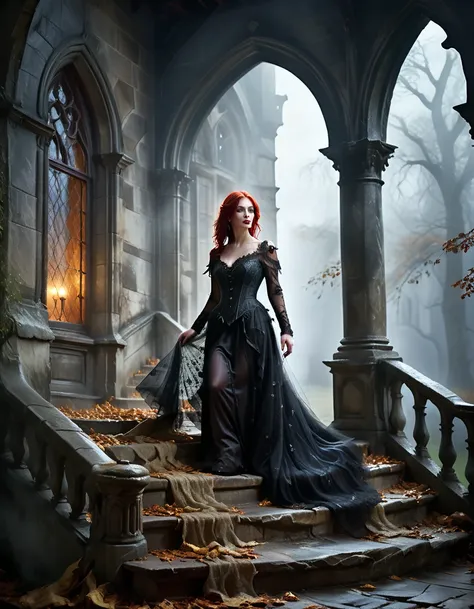 ultra hd photorealistic photo of A grand gothic manor: heavy mist shrouding the landscape, illuminated by faint moonlight. A mysterious woman stands atop wide stone stairs, wearing an elegant, flowing black lace gown. Her fiery red hair gleams softly under...