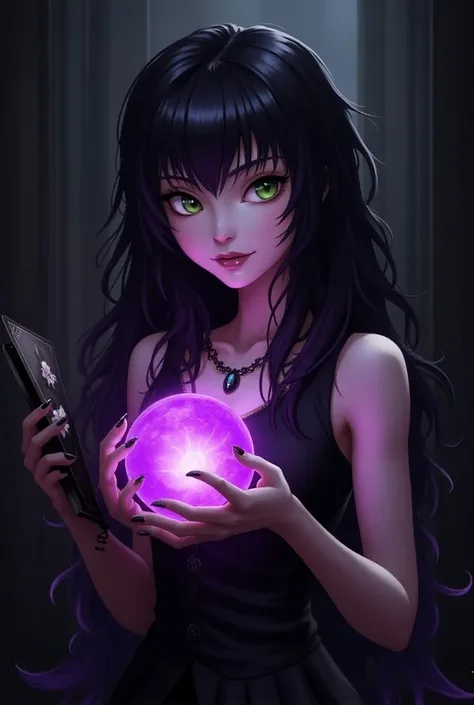 Create a purple-haired black villain and vampire with the lower half of her hair and the upper part black.  I want the room to be dark and to have very light pink clothes and green eyes .  Her hair has to have some locks in front of her face , Just a few ....