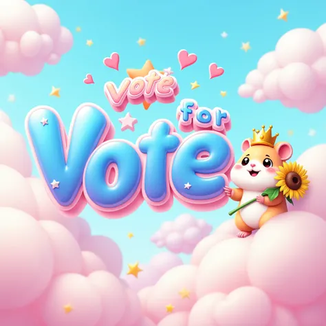 The lively and playful illustration with the words "VOTE FOR FAYEYOKO”
is displayed in a playful 3D style with blue and pink gradients. Cute cartoon clouds, stars and hearts are floating around the letters. To the right of the words is a cute and playful c...