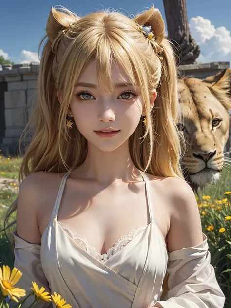 best quality, masterpiece, African Savanna, wildflowers, with a lions, nature, dynamic angle, wide angle, solo, front open, nsfw, zookeeper costume, BREAK, cute1girl, look happy smile, beautiful face, (realistic face), Toga Himiko, solo, blonde hair, doubl...