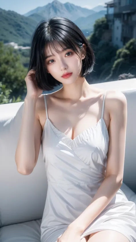  best quality,  1 girl at home, Dark blue hair,  Black Eyes ,  very short hair,  spiky hair , Luxurious in a sweet white dress， short dress , 171 cm,  Messy Hair , Hair between eyes,  aldult, 20 years old, Sweet girl by the mountains 