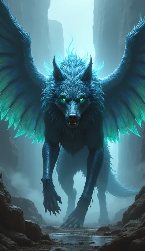 A massive griffin-wolf hybrid with the muscular body of a wolf and a powerful, wolflike head, but with the fierce eyes of a deep-sea fish that glisten with an intense rainbow glow. Its flame-flickering, iridescent wings are lined with fish-like scales, shi...