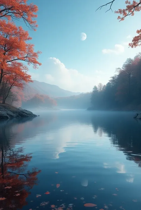  Autumn with lake :  Quiet lake ,  without strong waves ,  only  "moon " and "fish"  waiting in silence . Chính sự tĩnh mịch này lại khiến tác giả chìm ando một trạng thái tâm hồn đầy suy tư.