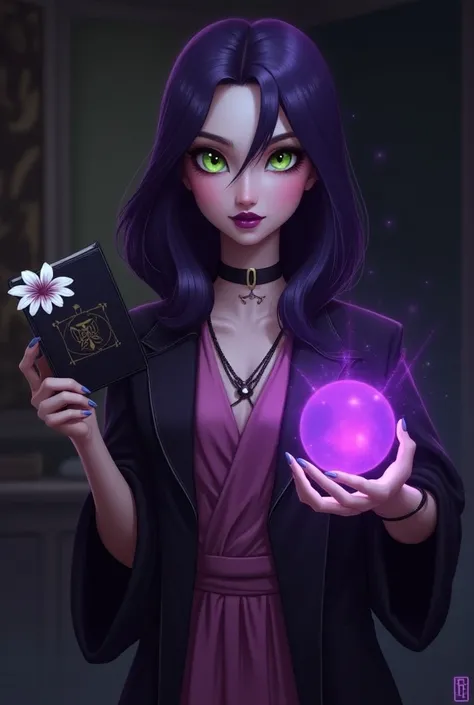 Create a purple-haired black villain with the lower half of her hair and the upper part black.  I want the room to be dark and to have very light pink clothes and green eyes .  Her hair has to have some locks in front of her face , Just a few .  The villai...