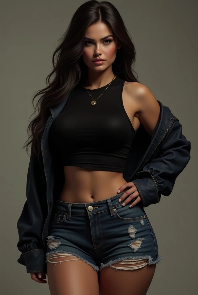  Make a brunette woman with big breasts and big ass wearing ripped denim shorts, a black thermal cropped with high collar and dark denim jacket 