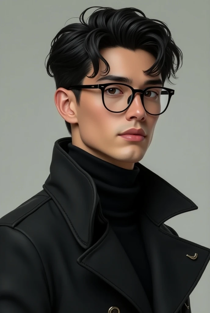 Make a 22-year-old ,  man wear an overcoat and glasses, Big black hair 
And smooth 