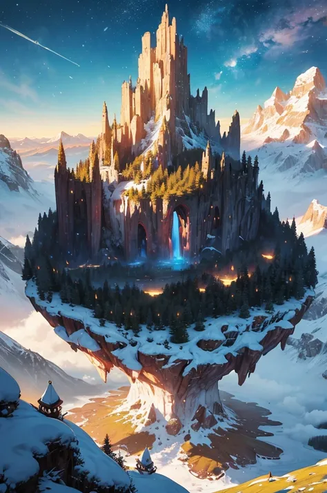 Landscape and Kingdom: "Show a vast landscape from a high cliff with a majestic, glowing kingdom in the distance, surrounded by forests and snow-capped mountains under a vibrant sky.", Floating Islands: "Add floating islands in the sky, held by visible mag...