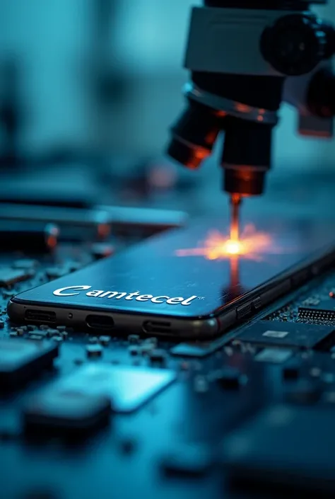 Technical service image of cell phones that says Camteccel clearly visible in the image with micro welding tools that contain a microscope and no people in the image and that contains the name Camteccel Grande 