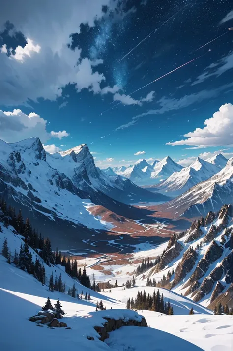 Landscape and Kingdom: "Show a vast landscape from a high cliff with a majestic, glowing kingdom in the distance, surrounded by forests and snow-capped mountains under a vibrant sky., held by visible magical energies, fitting within the colorful, intricate...