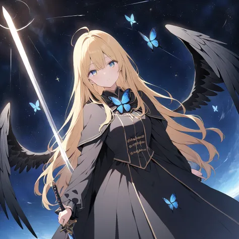  anime style,Woman holding a sword, a woman holds a sword in front of her body .,Blonde,Long Hair,  wearing a black cloak , blue eyes,Sparkling Eyes,Sparkling Eyesのハイライト ドレスの衣装,Wear a black cloak , a blue butterfly flutters its wings , noble atmosphere, a ...