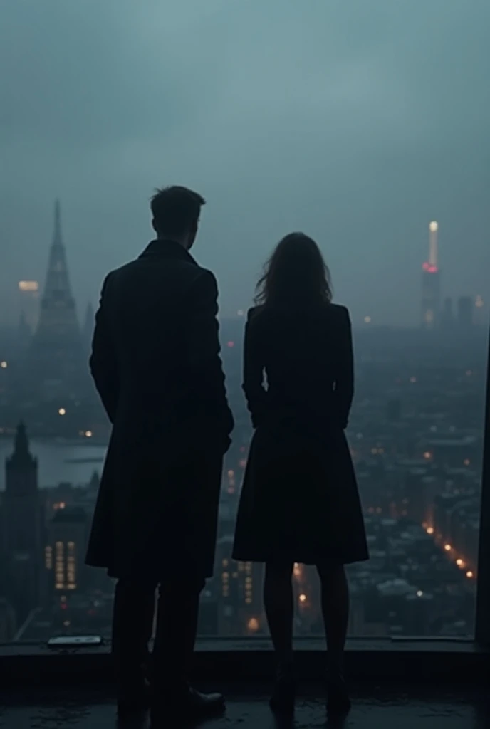 Create an image with dark colors with two silhouettes, one of a man and a woman watching London from a building 



