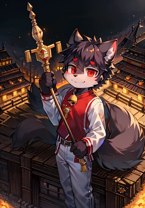 Log House，Black Hair，Staff， black hair on the stadium，Red Eyes，bell，child， Wolf Ears ，Smile， without spots ，Cubs，Black fur everywhere， Wolf Ears ，Wolf type ， Big Puffy Tails ，masterpiece， High Quality Portrait ，doll，Cub Scout ，Black belt taekwondo boy ，win...