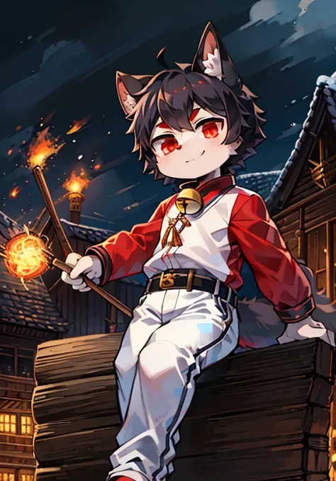 Log House，Black Hair，Staff， black hair on the stadium，Red Eyes，bell，child， Wolf Ears ，Smile， without spots ，Cubs，Black fur everywhere， Wolf Ears ，Wolf type ， Big Puffy Tails ，masterpiece， High Quality Portrait ，doll，Cub Scout ，Black belt taekwondo boy ，win...