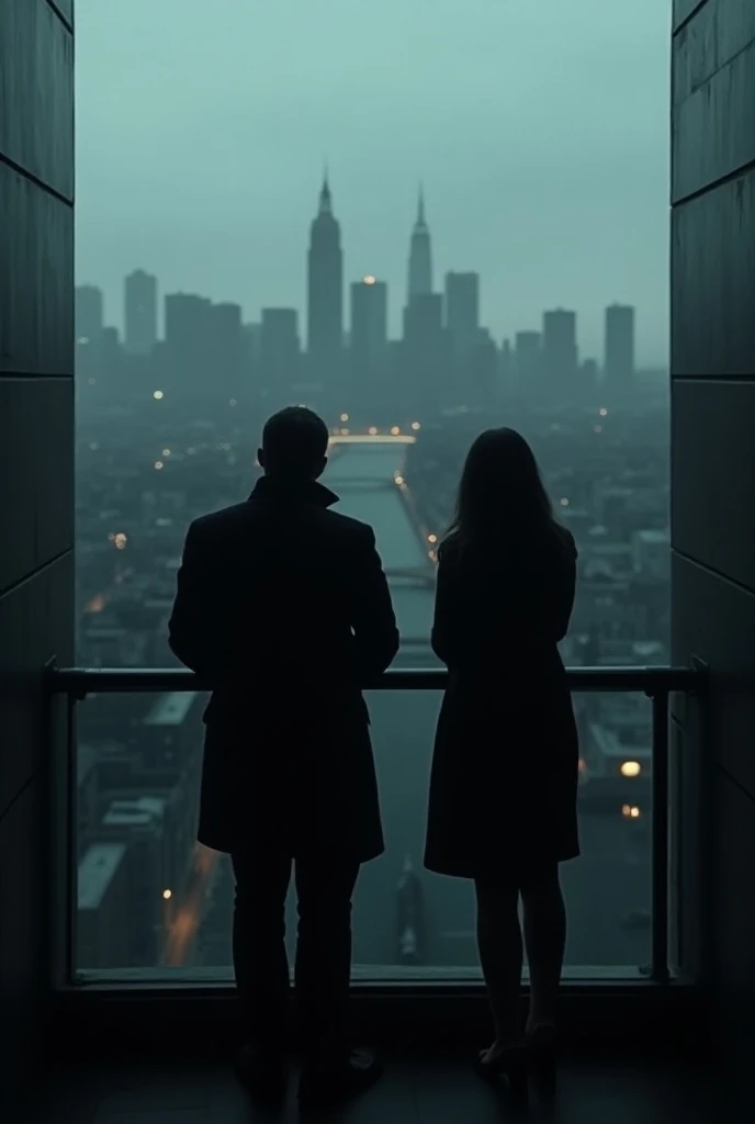 Create an image with dark colors with two shadows, one of a man and a woman watching London from a building. 



