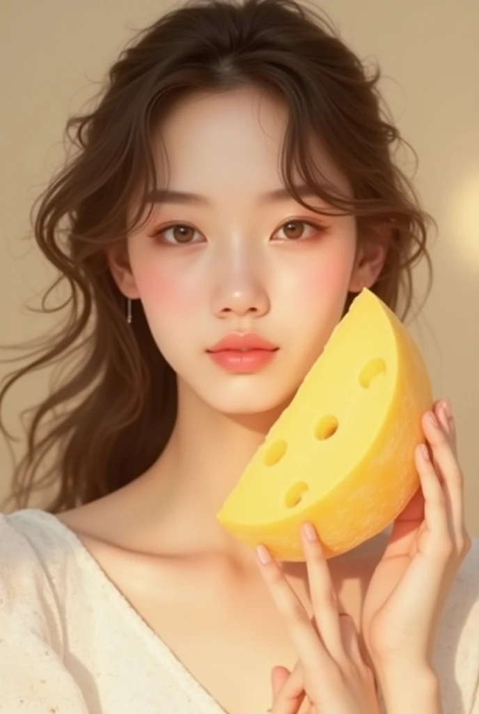 Portrait of young Japan woman、She has a calm look、 has large slices of Swiss cheese beside her face 。Her hair is light brown、 has soft wavy waves 、 natural curls arranged to flow beautifully 。 her skin has a smooth, soft pink tone, 、 has natural blush on h...