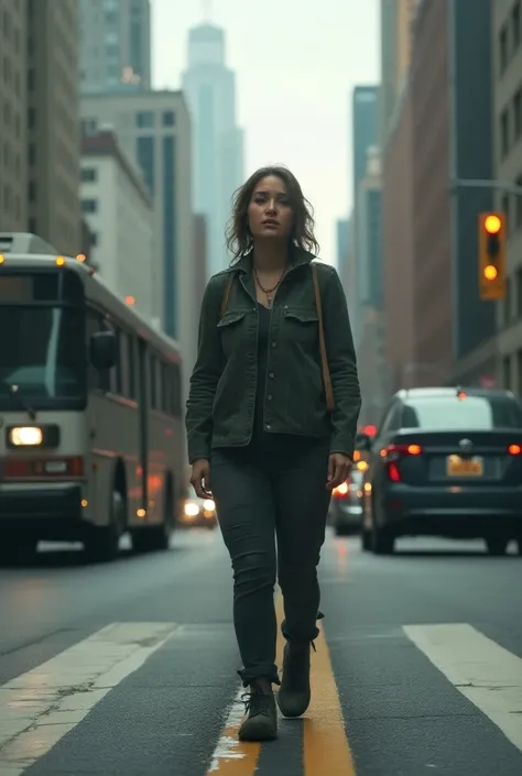 a woman stands in the middle of the street to be hit by a bus