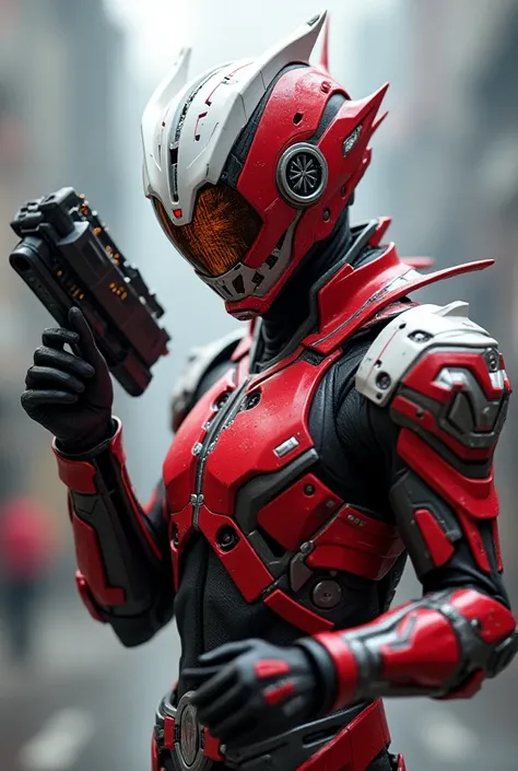 Create an image of a Kamen Rider character in a dynamic pose. The character should have a sleek, armored design with a color scheme predominantly featuring red and white. The armor should have sharp, angular edges and include intricate details such as pane...