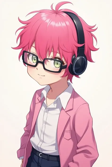 A anime boy with short messy pink hair, a black glasses without the eyes, using headphones and wearing a white shirt woth bottoms and a pink jacket