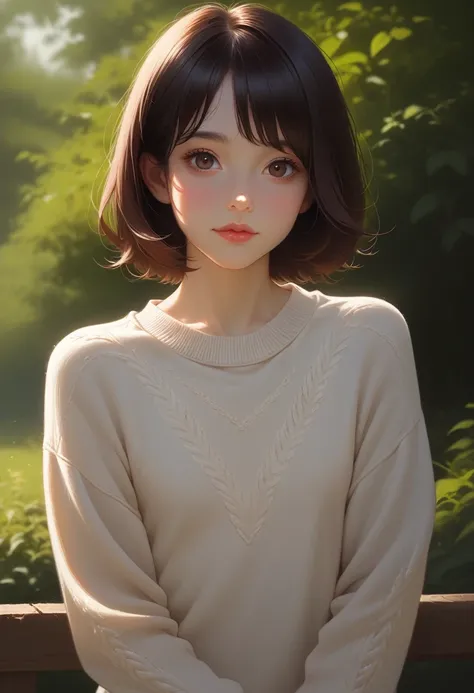 1 woman,  premium quality, Realistic, Alone,  depth of field , Natural lighting, afternoon, fascinating,  Beautiful Face , clean, clean 얼굴,  pale skin,  cute ,  short hair , seashore,  Sunshine  , flat chest , , whole body, ((sweater, Beautiful Face )),