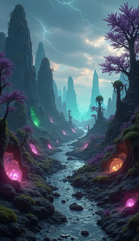 A high-gravity, high-pressure alien habitat with a surreal, otherworldly landscape. The ground is composed of glassy, mineral-rich soil interspersed with bioluminescent, bulbous plants and spiny, twisted growths that emit pulsing glows of emerald and purpl...