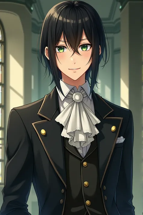 I want an image of a young man from anime with the following characteristics:

 - Straight, waist-length black hair
- Dark green eyes that convey happiness
- Small mole under the left eye
- Condes Victorian formal costume
- Elegant and refined posture
- Lo...