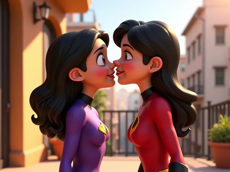 " In a 3D style inspired by the Disney animation The Incredible , violet e helen Parr compartilham um momento carinhoso em uma varanda ensolarada. violet,  wearing their classic purple superhero costume and loose dark hair ,  bends over to give a tender ki...