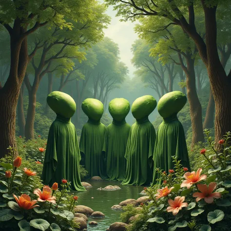 Early Renaissance-style natural 3D image, of beautiful nature and green heads