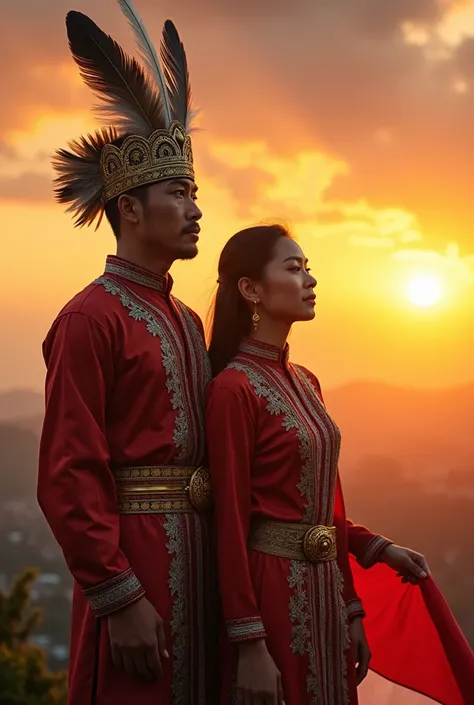 An Asian man is wearing a traditional dress of the KALIMANTAN DAYAK , on his head wearing a crown made of goose feathers like an Indonesian independence hero , is standing with a woman wearing the same shirt holding a RED WHITE flag on a hill with a smile ...