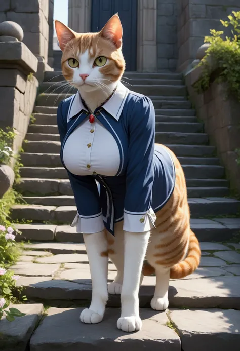 Busty cat on the top of the Stone Steps, full clothed, standing,