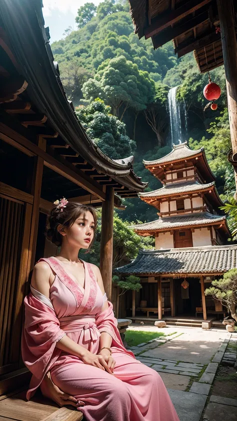 (((ultra realistic))) photo, masterpiece,  Hyperrealistic photograph of Sakura Kinomoto ,  a young woman with short brown hair and big expressive eyes ,  dressed in a pink wizard costume with details of traditional Japanese style.  She is in a stone struct...