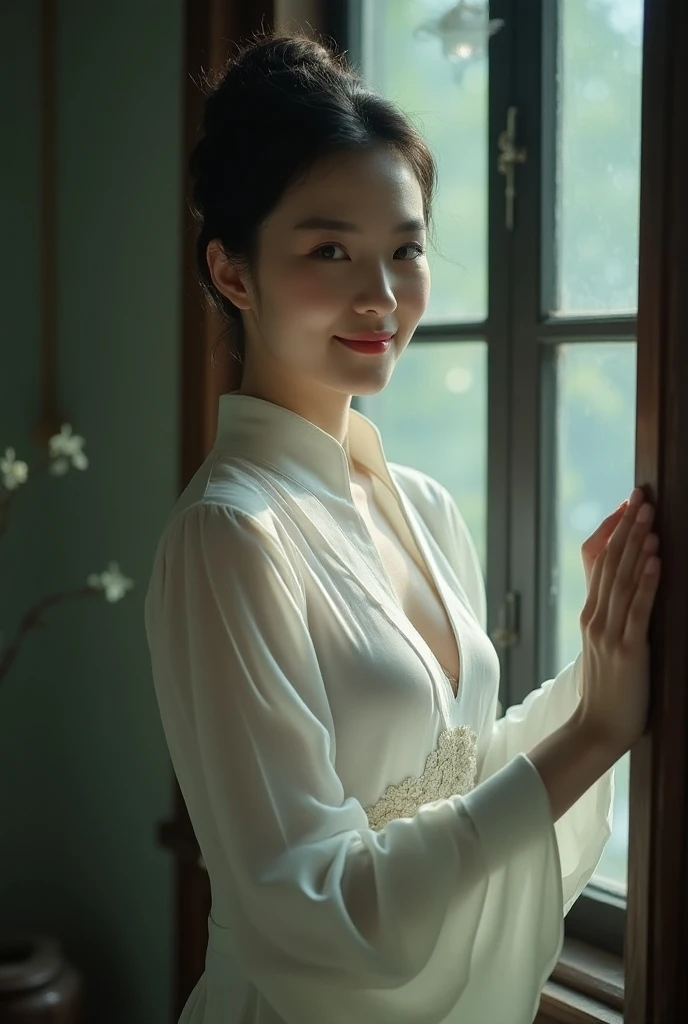 score_9, score_8_up, score_7_up, Character：Beautiful Chinese woman ，Beautiful and moving，A confident smile 。Black hair coiled，头饰颜色和clothing一致，clothing： only open the neckline ，clavicle，Cleavage。 Slim fit ， long legs。green，silver， Three-color white costume ...