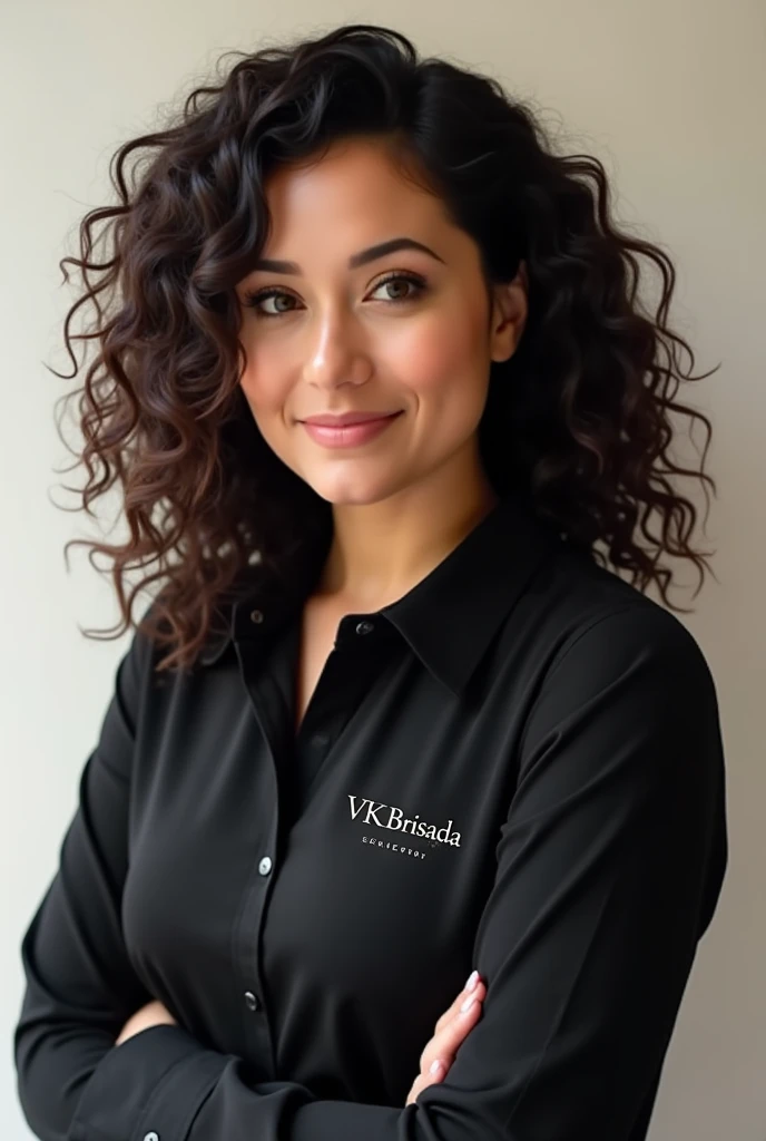 Logo with the image of a curly haired woman and the name VK BRISADA on the black collar shirt 
