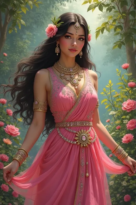 Radha Rani in pink dress with beautiful jwellery in garden 