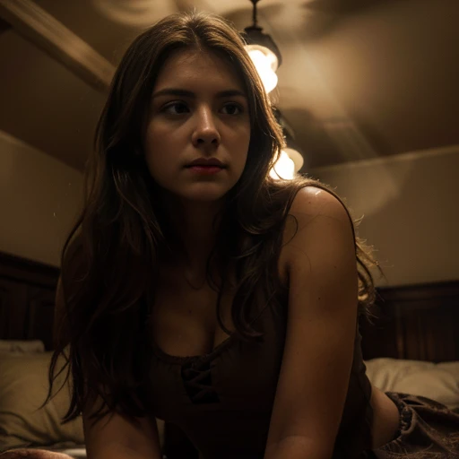 isaantonia, 1girl, solo, 22-year-old Caucasian, long brown hair, hazel eyes, medium shot, sleeping in the bedroom, chiaroscuro, the room is dark and the scene is illuminated only by the tv, UHD, masterpiece, 8K, hyperrealistic, hyper detailed