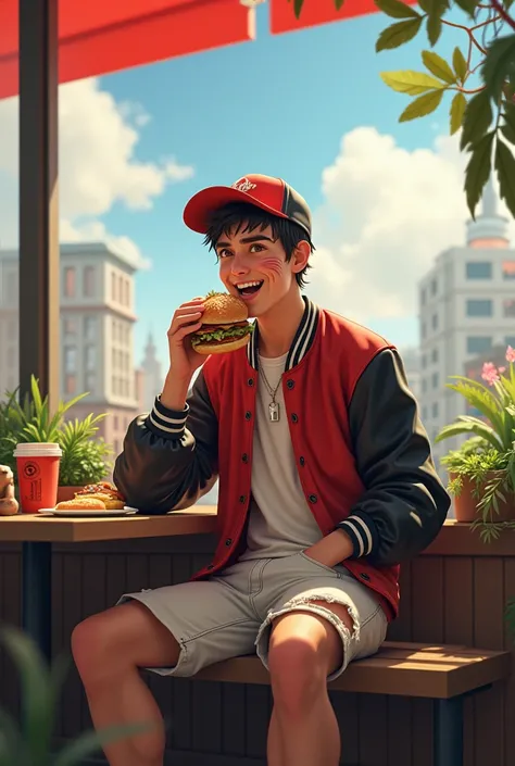 

1boy,sitting,bench、 Starbucks 、coffee、
 white cuttaws 、watch、[ red and black stadium jacket ]+、 damage jeans、 cap、Upper body drawing、smile、Open your mouth slightly、[ plants and dogs in front of the screen ]++、
[ wear cheek sticks ]+、[ eating hamburgers ]...