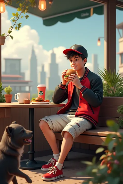 

1boy,sitting,bench、 Starbucks 、coffee、
 white cuttaws 、watch、[ red and black stadium jacket ]+、 damage jeans、 cap、Upper body drawing、smile、Open your mouth slightly、[ plants and dogs in front of the screen ]++、
[ wear cheek sticks ]+、[ eating hamburgers ]...