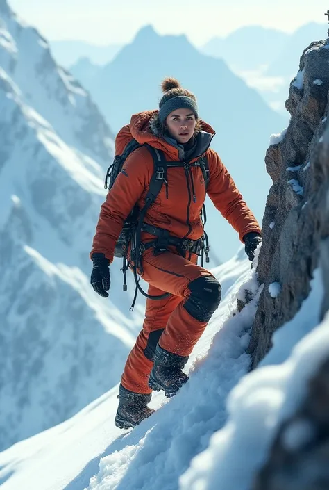 Very real image of a girl in a mountaineering suit climbing a mountain achieving goals 