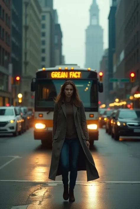  A bus is about to run over a woman in the middle of the street