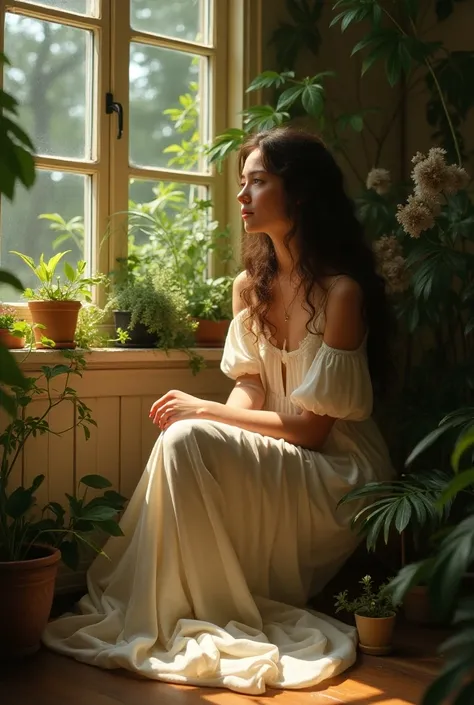 (photorealism:1.2), beautiful woman, sitting on garden, wearing  full body cover frock, long curly hair, indoors, soft lighting, plants in background, window with sunlight, cozy room, relaxed pose, realistic, intricate details, warm colors, by Greg Rutkows...