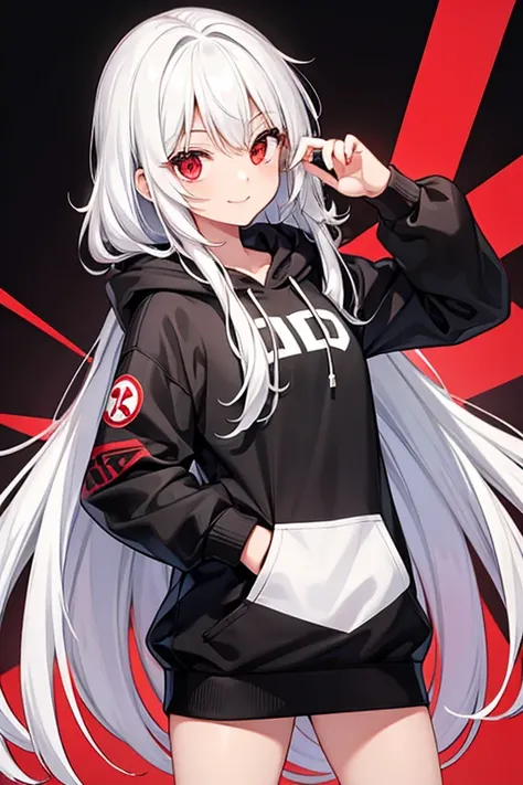  1 beautiful girl with pieces 　Shows up to the waist　 Long White Hair　Red eyes　Bright smile　black and white one-size-fits-all baggy hoodie