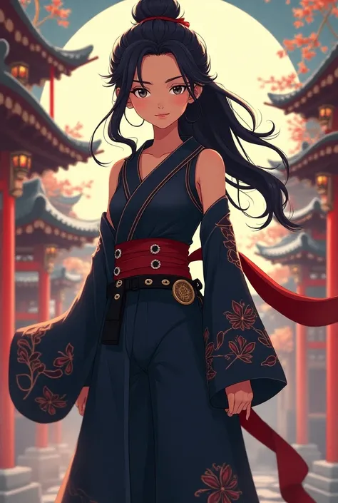 A  female ninja girl with a face sample in anime cartoon style 