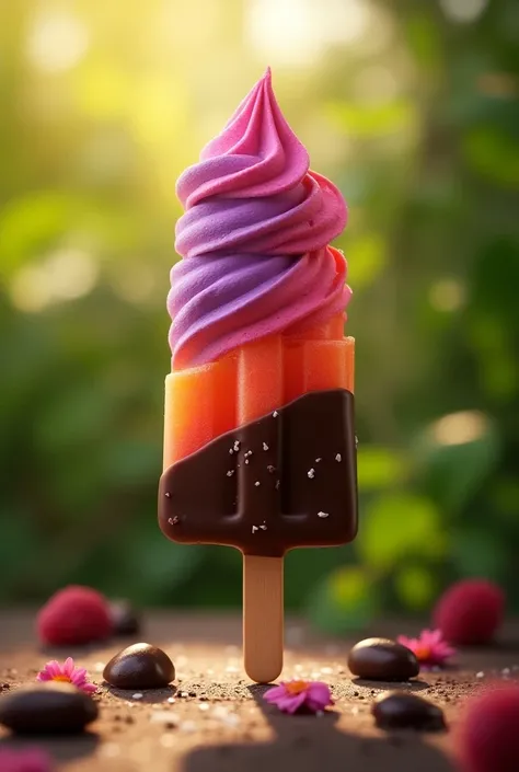 a popsicle of Jamaican flower ice cream with chocolate and sea salt