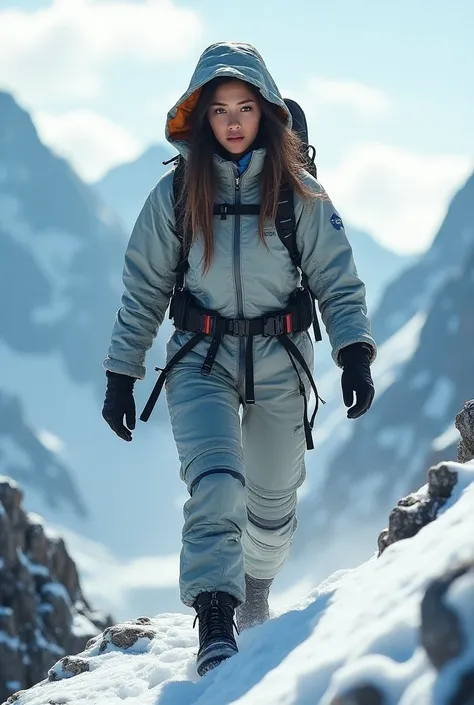 Very real image of achieving goals climbing a mountain, a girl in a mountaineering suit on her back
