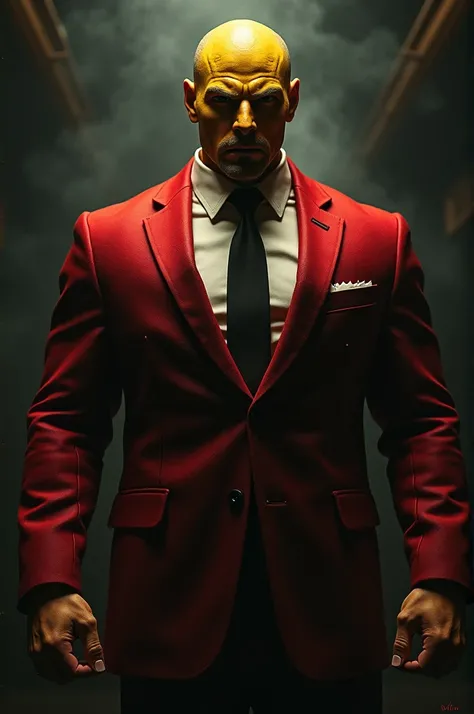 Muscular man with yellow skin, crimson red suit and threatening posture, giving off a dark aura with herringbone gloves. 