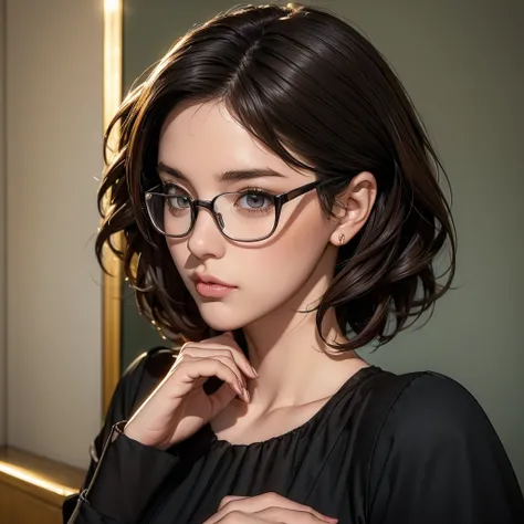 (masterpiece:1.3), (8k, Realistic,  RAW photos from the last century, Best Quality: 1.4), ( one girl playing pranks),  Facial beauty, (Realistic Face),Black-rimmed glasses、 eat macarons、 (Brown Hair, loose wavy short hair:1.3),  beautiful hairstyle, Realis...