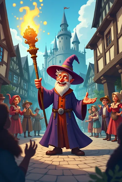 A magician with his magic staff in a medieval setting, Style cartoon