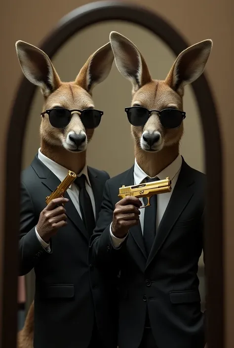 Create an image of two kangaroos in suits and sunglasses taking a picture in front of the mirror with an iPhone that the kangaroos are male and have a serious pose that in the other hand they have a gold-plated glock gun that looks like gangsters , Draw th...