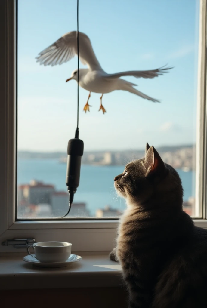  cat with its back looking at a seagull out the window ,  gaviota has a Shure Sm58 microphone hanging from its cable upside down from the seagulls peak, Bay of the city of Valparaiso in the background 