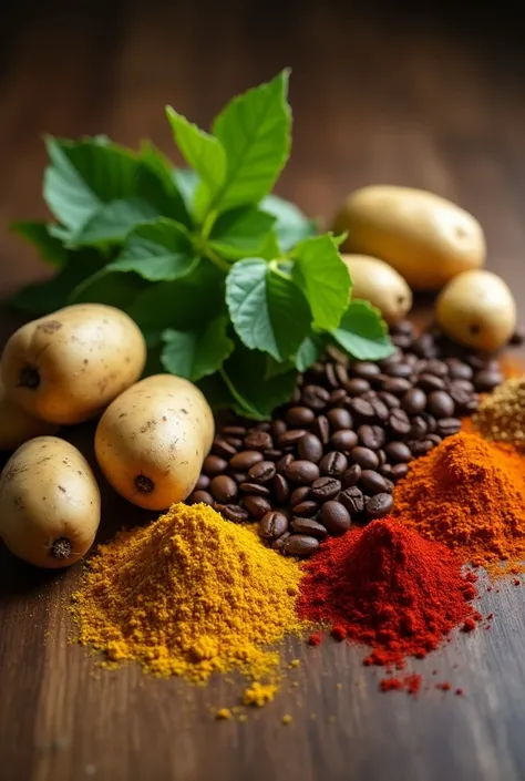 trigo, potato, Coffee and spices side by side on a table